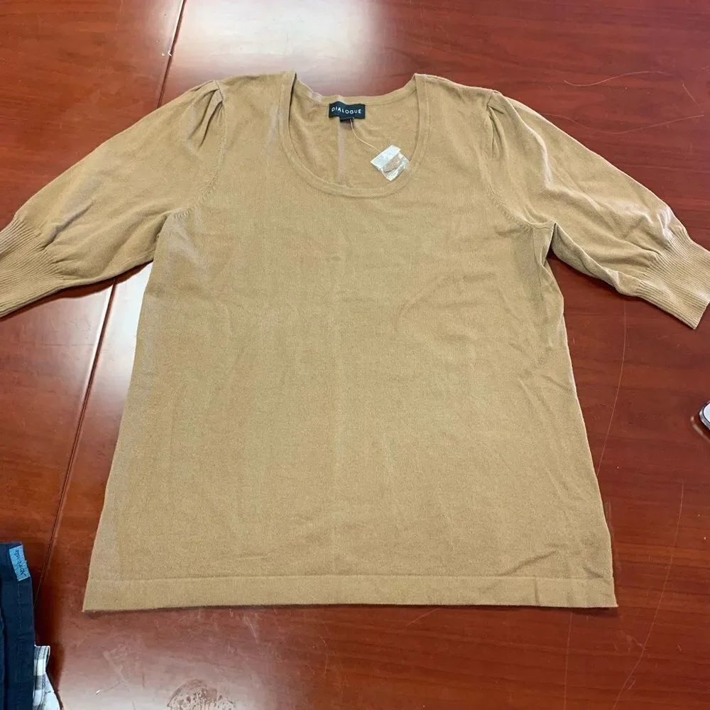 Dialogue Brown Puff Sleeve Fine Knit Sweater M NWT